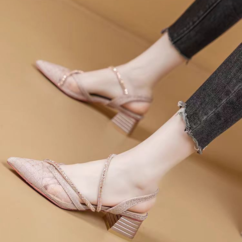Square Toe Mule - French Style Rhinestone Mesh Pointed Toe