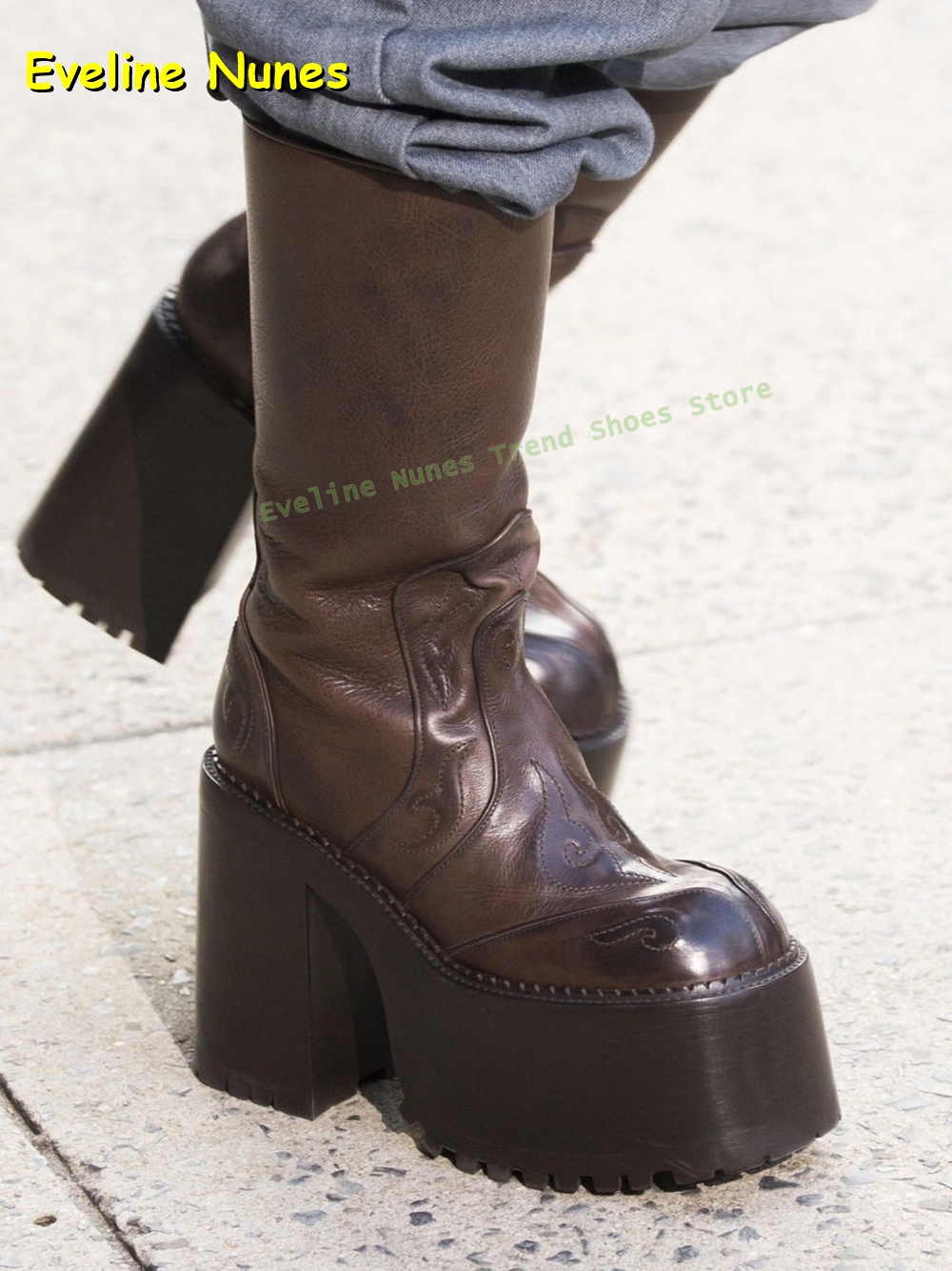 Women'S Shoes Trending 2025 - Embroidery Platform Knee High Boots Round