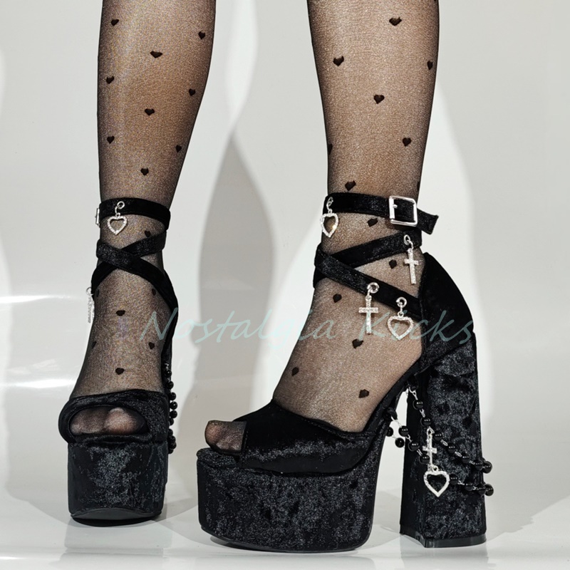 Gothic Black Velvet Platform H - Women'S Shoes Peep Toe avaliação e preço